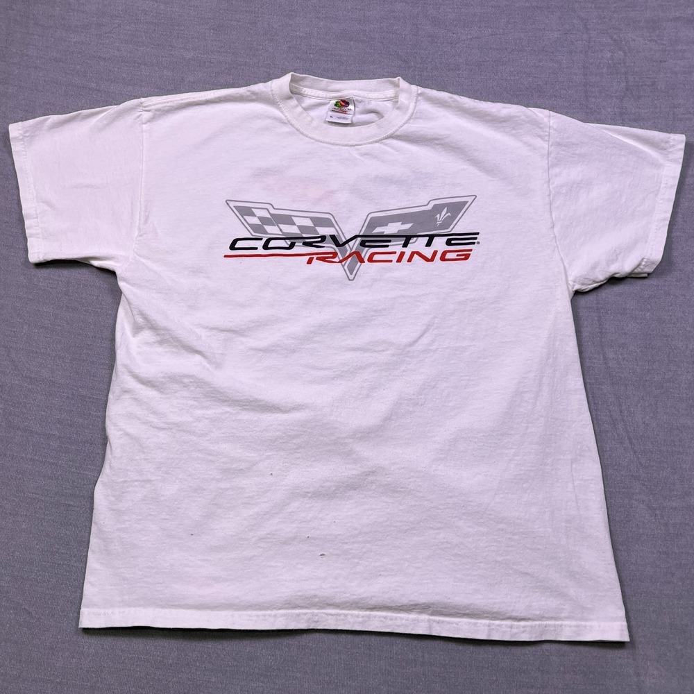 VTG Fruit Of The Loom Mens White Cotton Corvette Racing Graphic T-Shirt Size XL